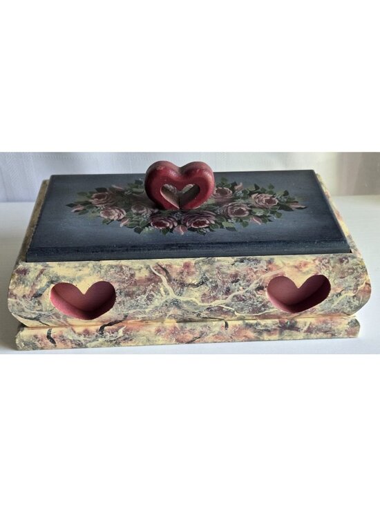 Unbranded Other - Painted Folk Art Wooden Box with Lid Heart Roses Blue Pink Faux Marble Finish